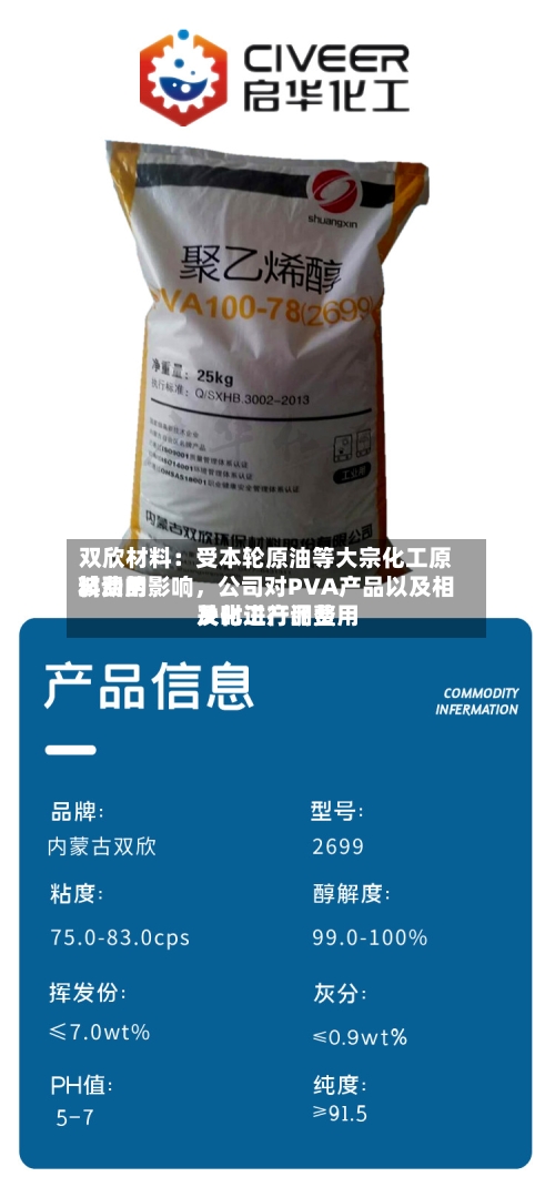 双欣材料：受本轮原油等大宗化工原料费用波动的影响，公司对PVA产品以及相关化工产品费用及时进行调整